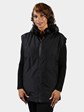 Woman's Plus Size Black Sheared Mink Fur Vest with Fox Trimmed Hood Reversible to Rain Taffeta