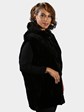 Woman's Plus Size Black Sheared Mink Fur Vest with Fox Trimmed Hood Reversible to Rain Taffeta