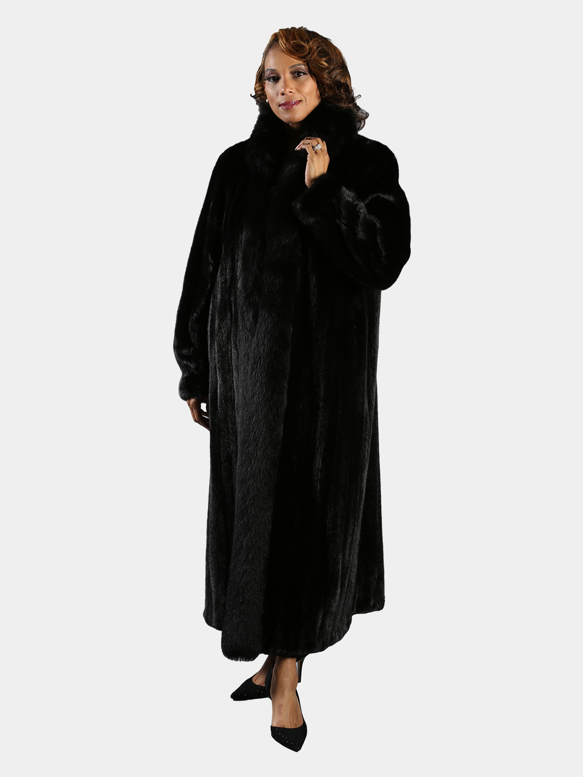 Woman's Ranch Female Mink Fur Coat with Fox Tuxedo Front