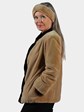 Woman's Camel Sheared Mink Fur Jacket with Black Mink Trim and Headband