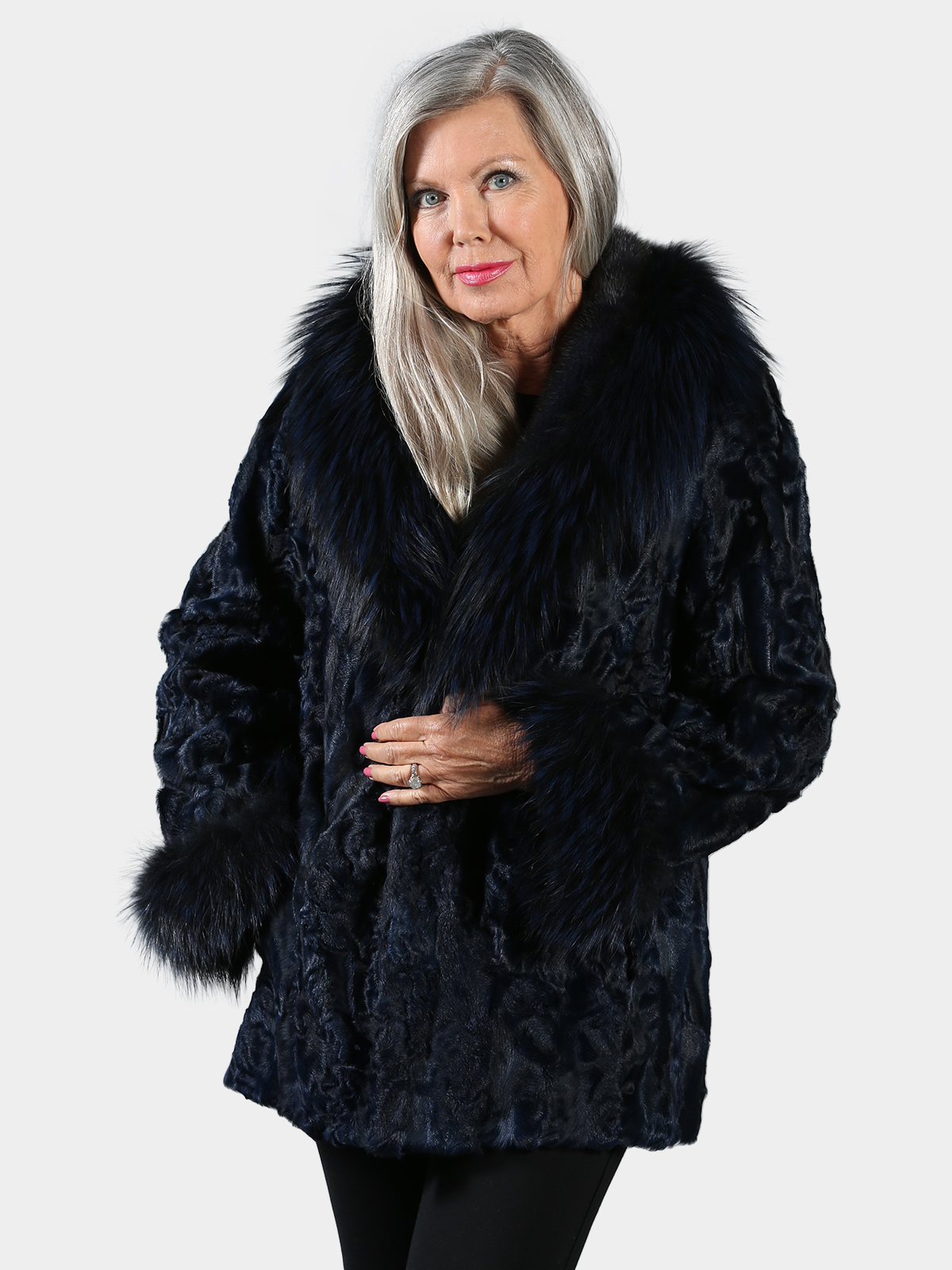 Woman's Navy Broadtail Lamb Fur Jacket with Dyed Mink and Silver Fox Collar