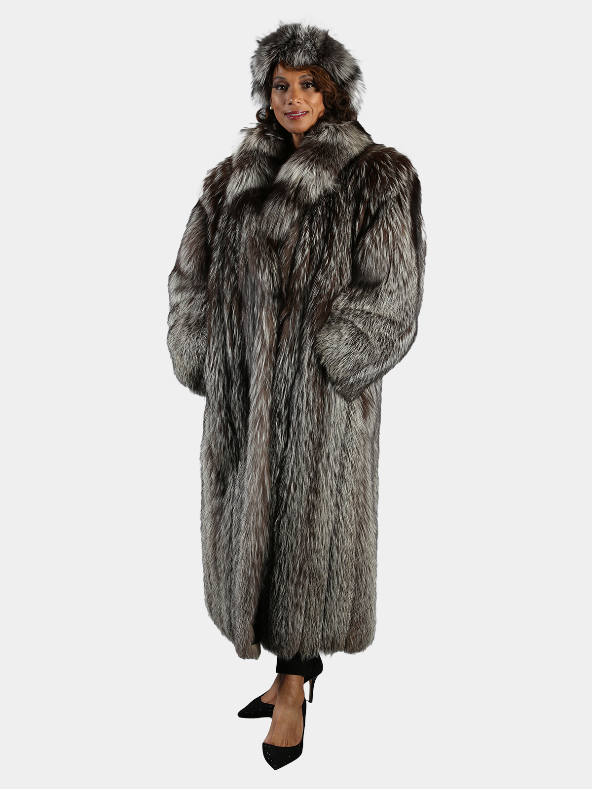 Woman's Silver Fox Fur Coat with Headband