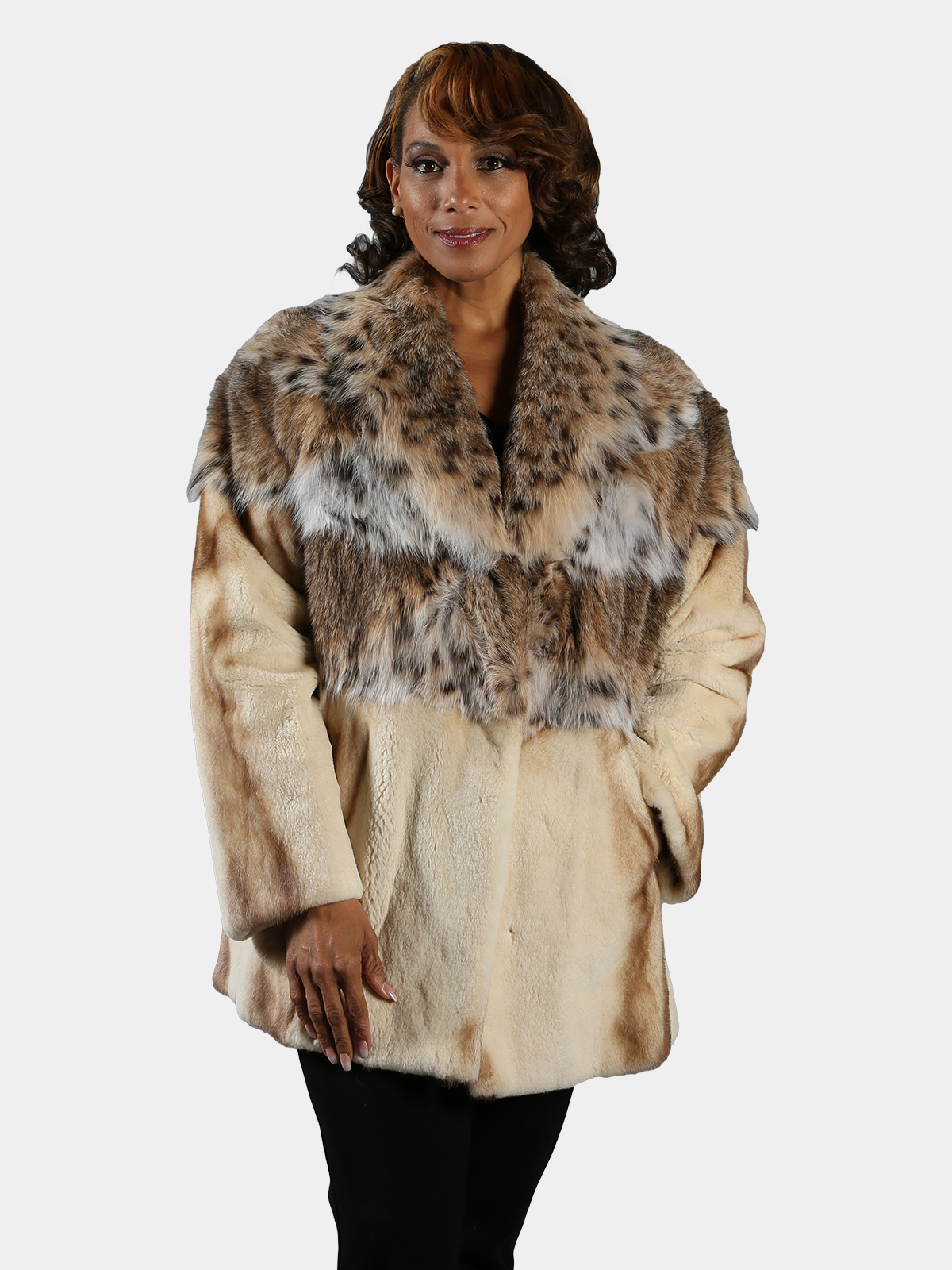 Woman's Golden White Semi Sheared Mink Fur Jacket with Cat Lynx Bodice
