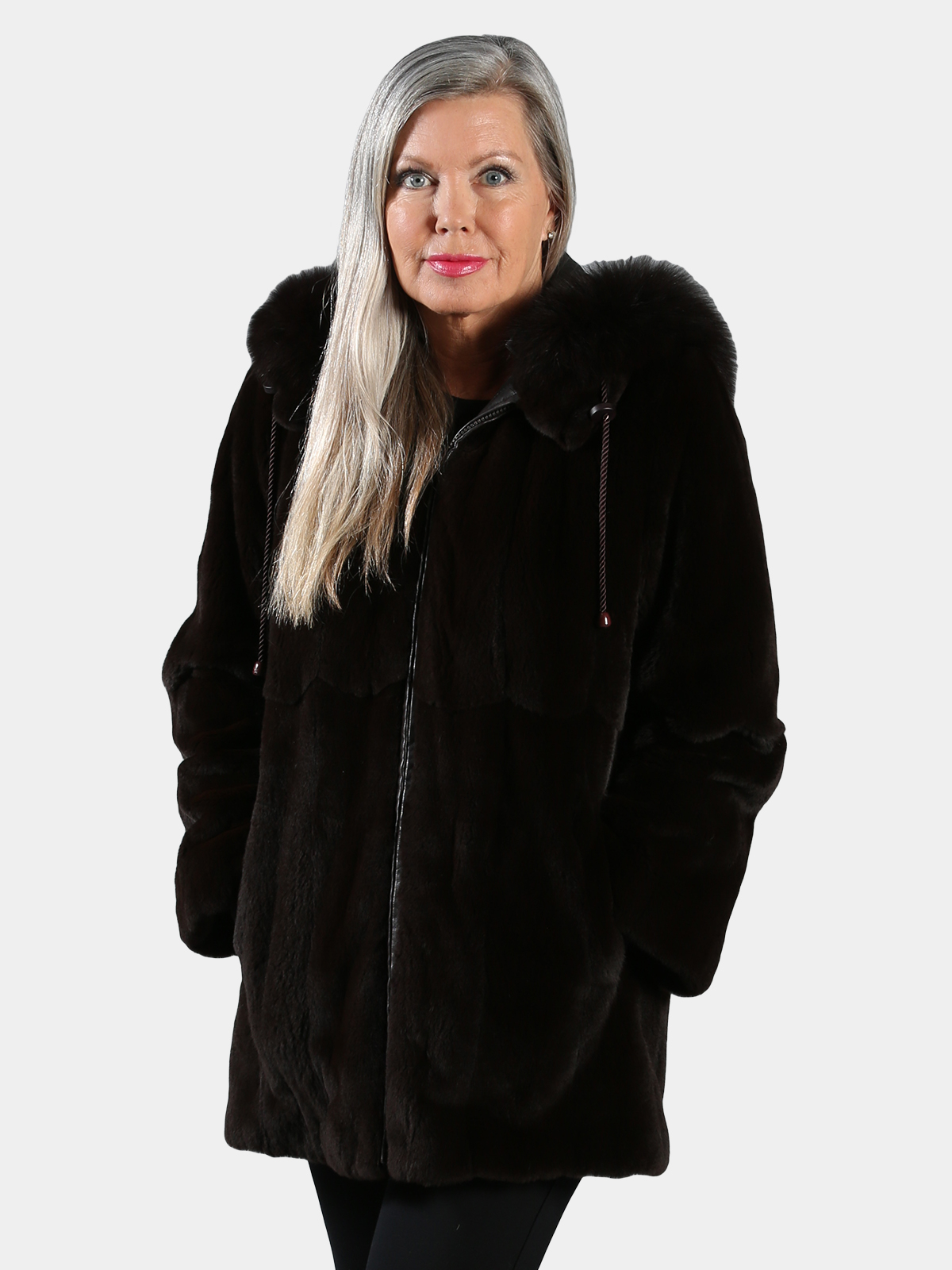 Woman's Brown Sheared Mink Fur Jacket Reversing to Brown Leather with Detachable Hood