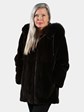 Woman's Brown Sheared Mink Fur Jacket Reversing to Brown Leather with Detachable Hood