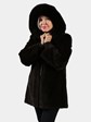 Woman's Brown Sheared Mink Fur Jacket Reversing to Brown Leather with Detachable Hood