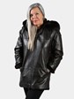 Woman's Brown Sheared Mink Fur Jacket Reversing to Brown Leather with Detachable Hood