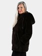 Woman's Brown Sheared Mink Fur Jacket Reversing to Brown Leather with Detachable Hood