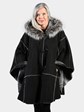 Woman's Plus Size Black Shearling Lamb Fur Cape with Hood