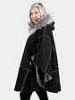 Woman's Plus Size Black Shearling Lamb Fur Cape with Hood
