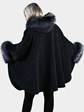 Woman's Navy Alpaca Wool Cape with Silver Fox Fur Trim