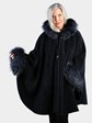 Woman's Navy Alpaca Wool Cape with Silver Fox Fur Trim