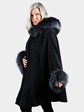 Woman's Navy Alpaca Wool Cape with Silver Fox Fur Trim