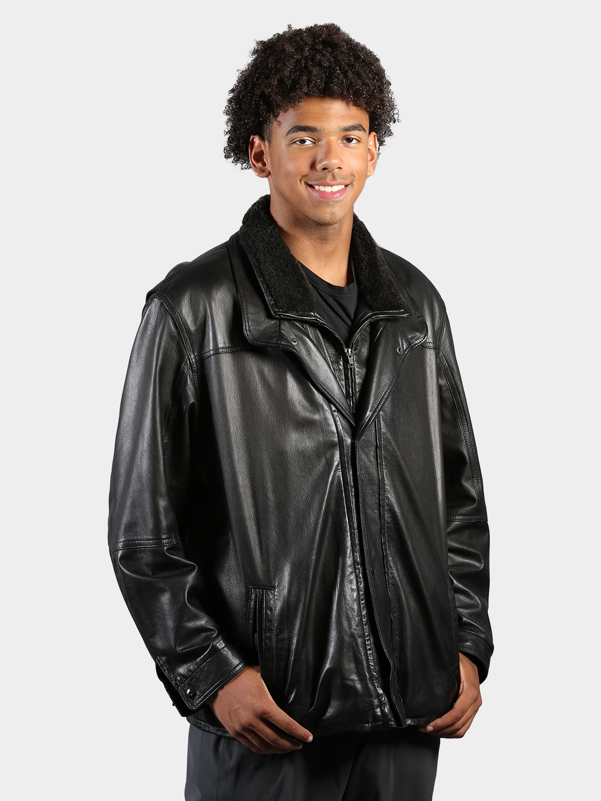 Man's Remy Black Leather Bomber Jacket with Shearling Lamb Fur Detachable Collar