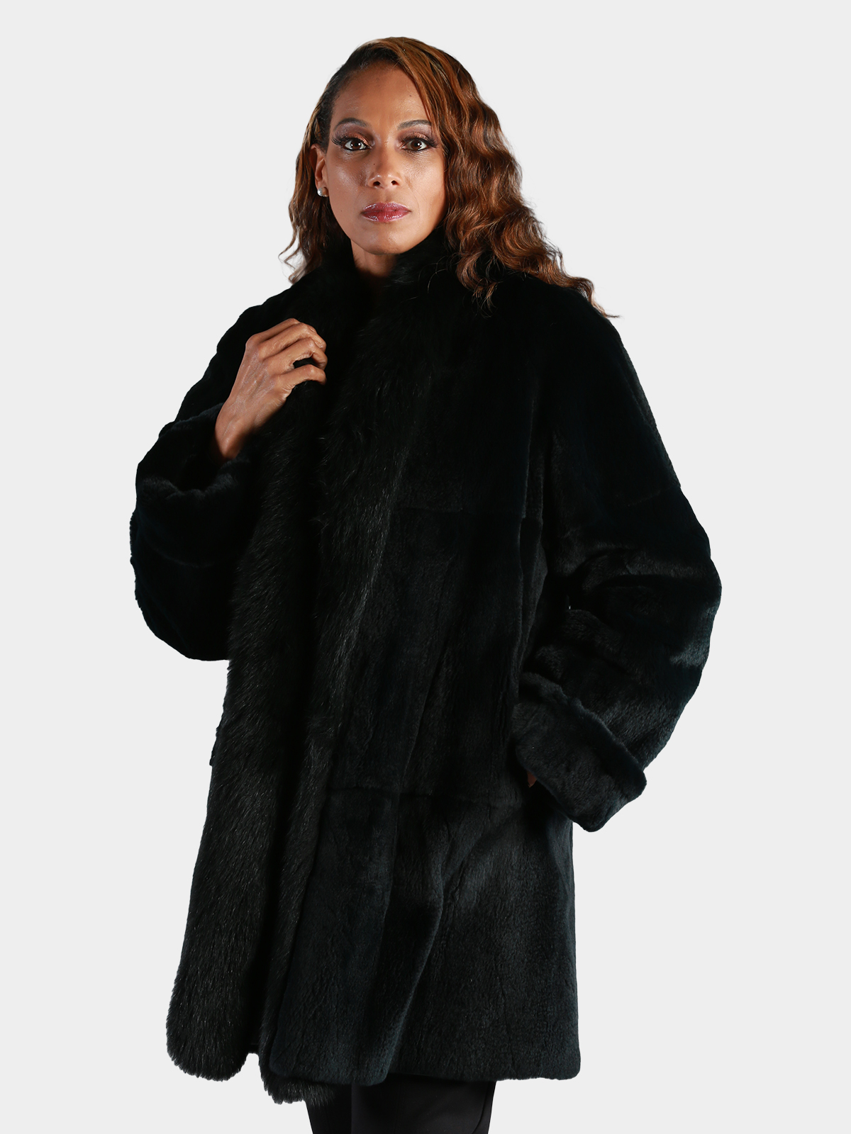 Black Sheared Mink Fur Stroller with Fox Tuxedo (Reversible) - Estate Furs