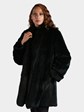 Woman's Black Sheared Mink Fur Stroller with Fox Tuxedo Reverses to Dark Green Leather