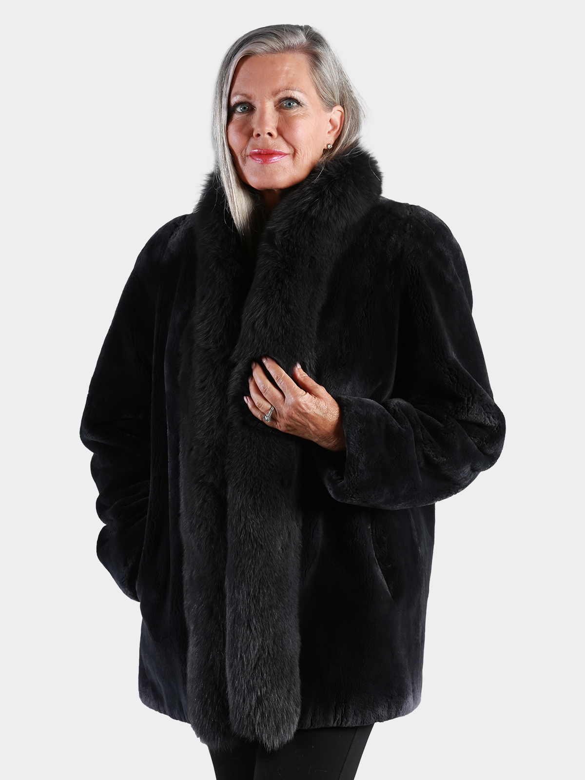 Woman's Charcoal Grey Sheared Beaver Fur Jacket with Fox Tuxedo