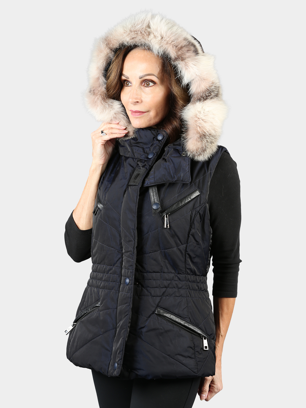 Woman's Gorski Navy Fabric Vest with Fox Fur Trimmed Hood
