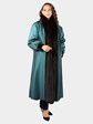 Woman's Black Sheared and Sculptured Mink Fur Coat with Dark Brown Fox Tuxedo Reversible to Rain Taffeta