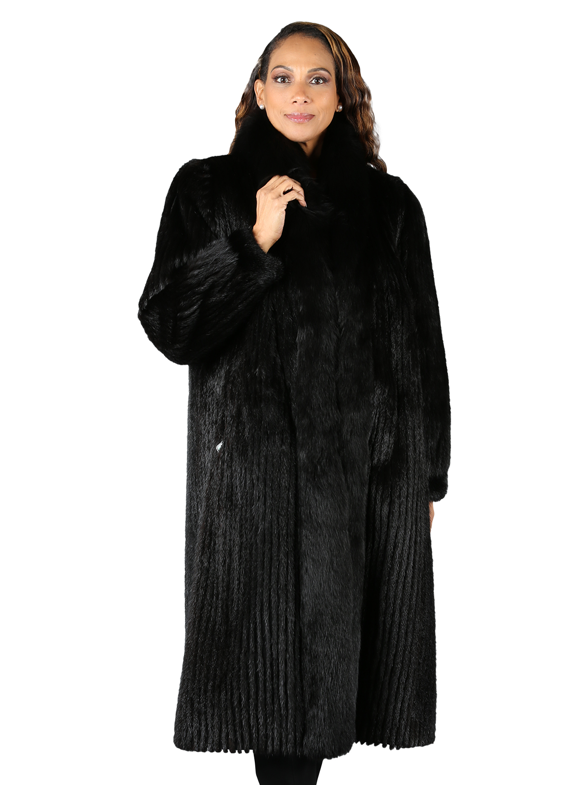 Woman's Natural Ranch Cord Cut Mink Fur Coat with Fox Tuxedo Front