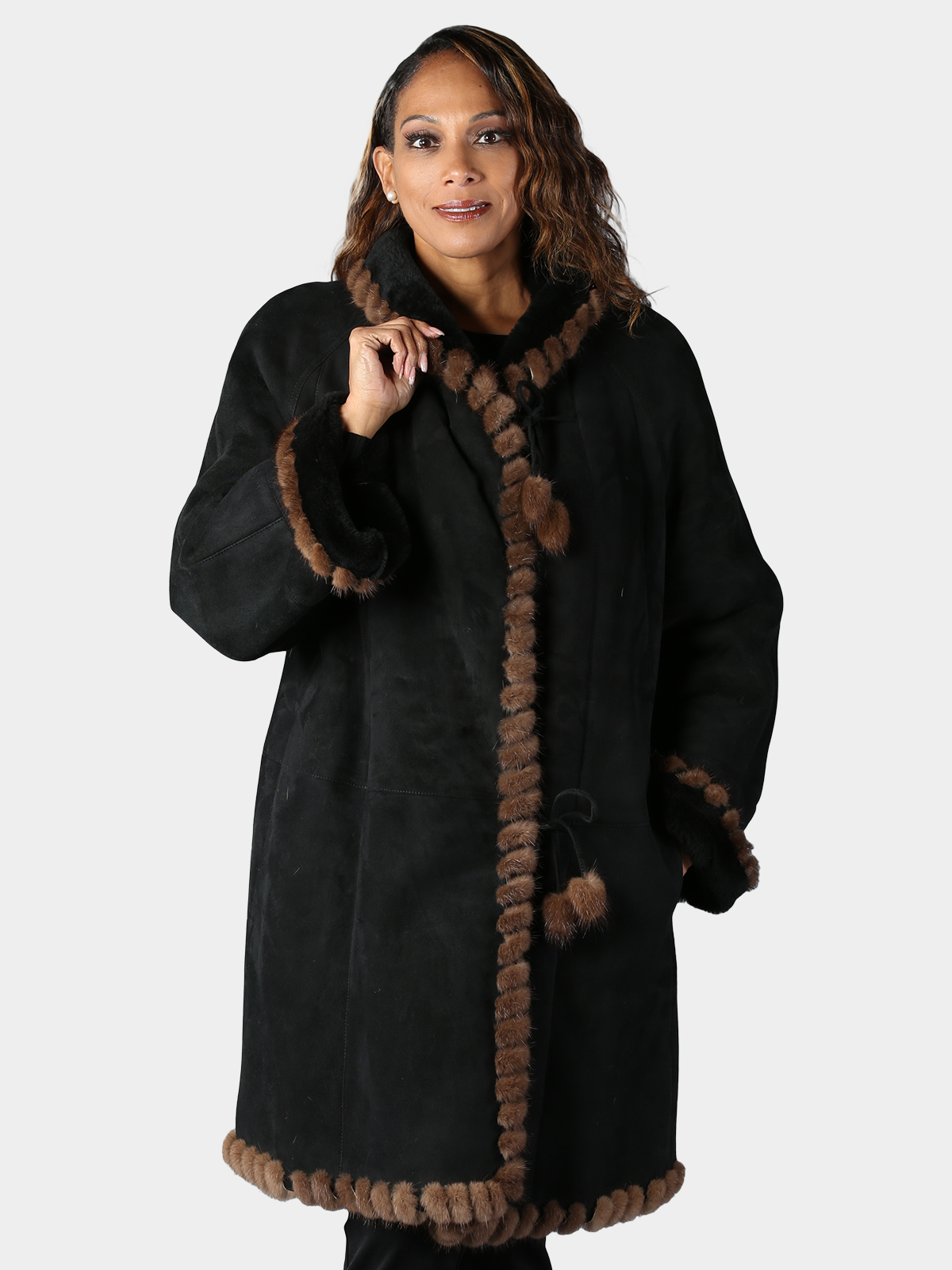 Woman's Christia Black Suede Shearling Lamb Stroller with Mink Fur Trim