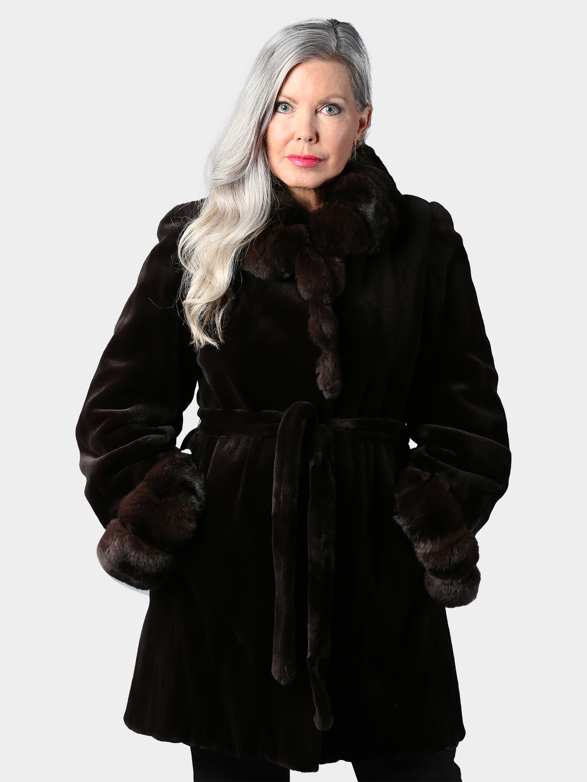 Woman's Dyed Dark Brown Sheared Mink Fur Stroller with Chinchilla Collar and Cuffs (with Fur Belt)