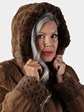 Woman's Natural Light Brown Sheared Mink Fur Stroller with Detachable Hood and Sheared Brown Trim
