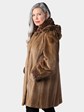 Woman's Natural Light Brown Sheared Mink Fur Stroller with Detachable Hood and Sheared Brown Trim