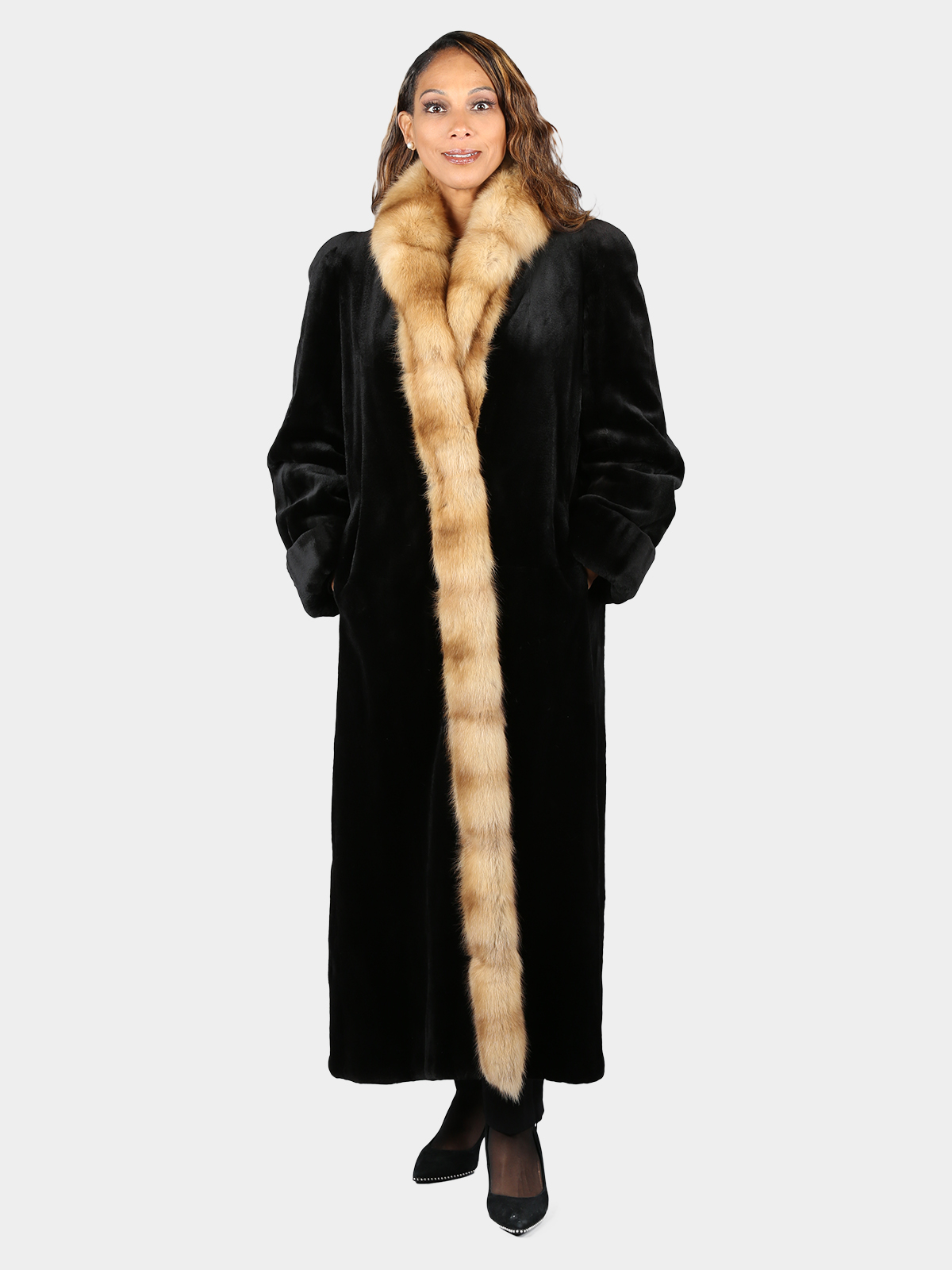Woman's Black Sheared Mink Fur Coat with Cross Cut Golden Sable Collar and Tuxedo Front