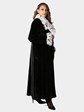Woman's Black Sheared Mink Fur Coat with Cat Lynx Collar and Cuffs