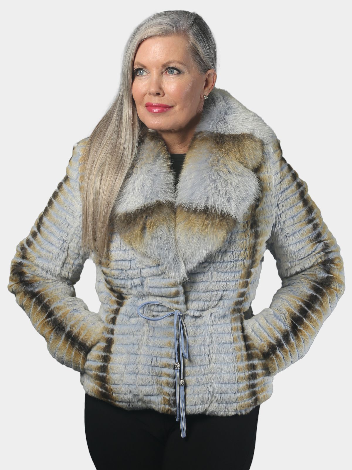 Woman's Dyed and Sheared Multicolor Rex Rabbit Jacket with Laser Grooving