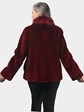 Woman's Dyed Cranberry Red Beaver Fur Jacket with Dyed Silver Fox Collar