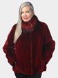 Woman's Dyed Cranberry Red Beaver Fur Jacket with Dyed Silver Fox Collar