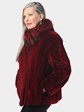 Woman's Dyed Cranberry Red Beaver Fur Jacket with Dyed Silver Fox Collar