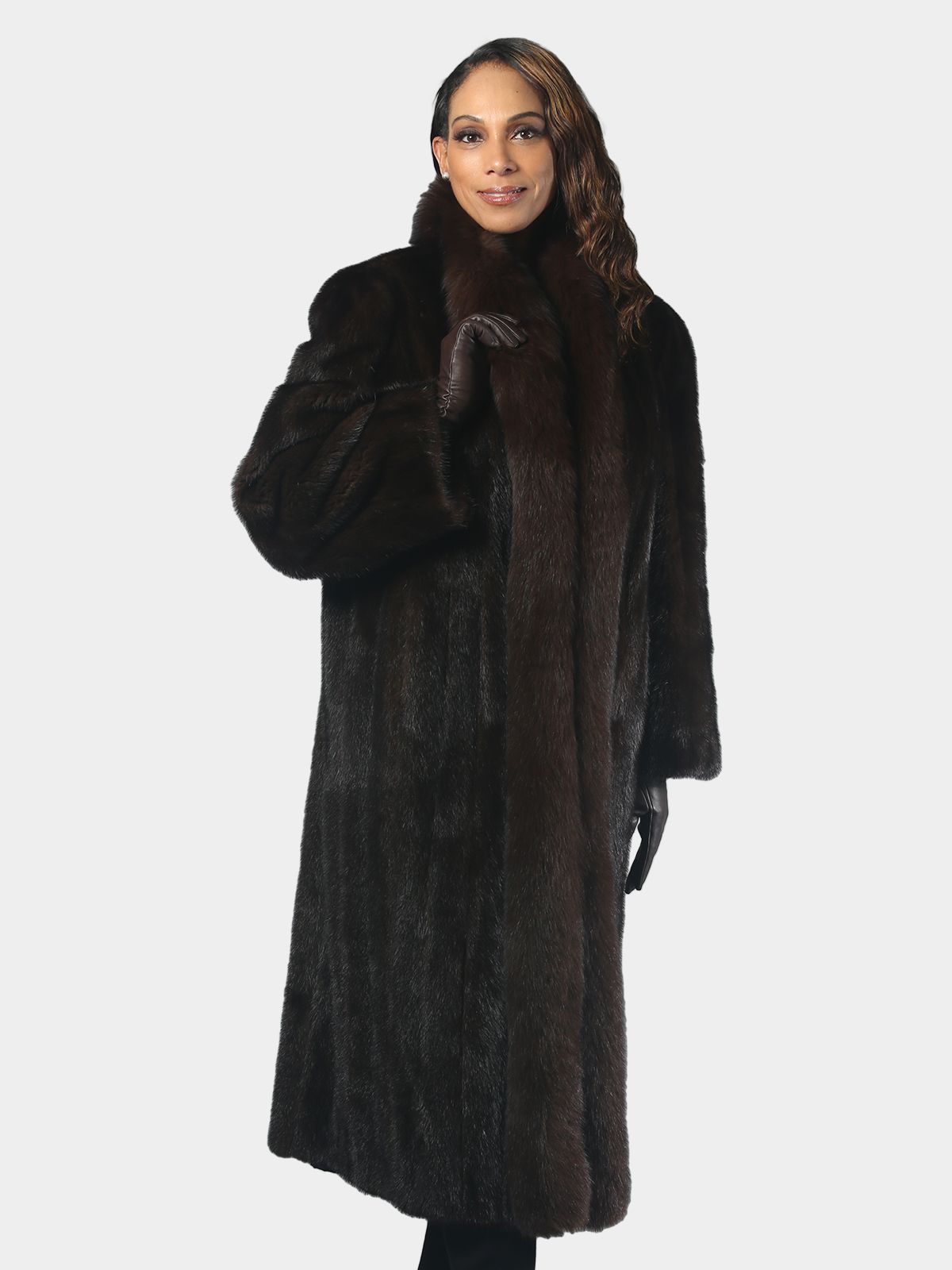 Woman's Natural Mahogany Mink Fur Coat with Fox Tuxedo Front