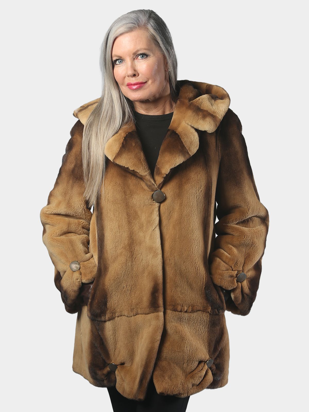 Woman's Bleached Mahogany Degrade Sheared Mink Fur Parka with Double Fur Hood 