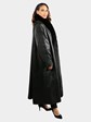 Woman's Plus Size Black Leather Coat with Fox Fur Tuxedo Front