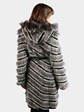 Woman's Black Grey and White Fox and Rex Rabbit Fur Stroller with Hood and Leather Belt