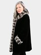 Woman's Dyed Black Sheared Mink Fur Stroller with Natural Chinchilla Collar Cuffs and Front