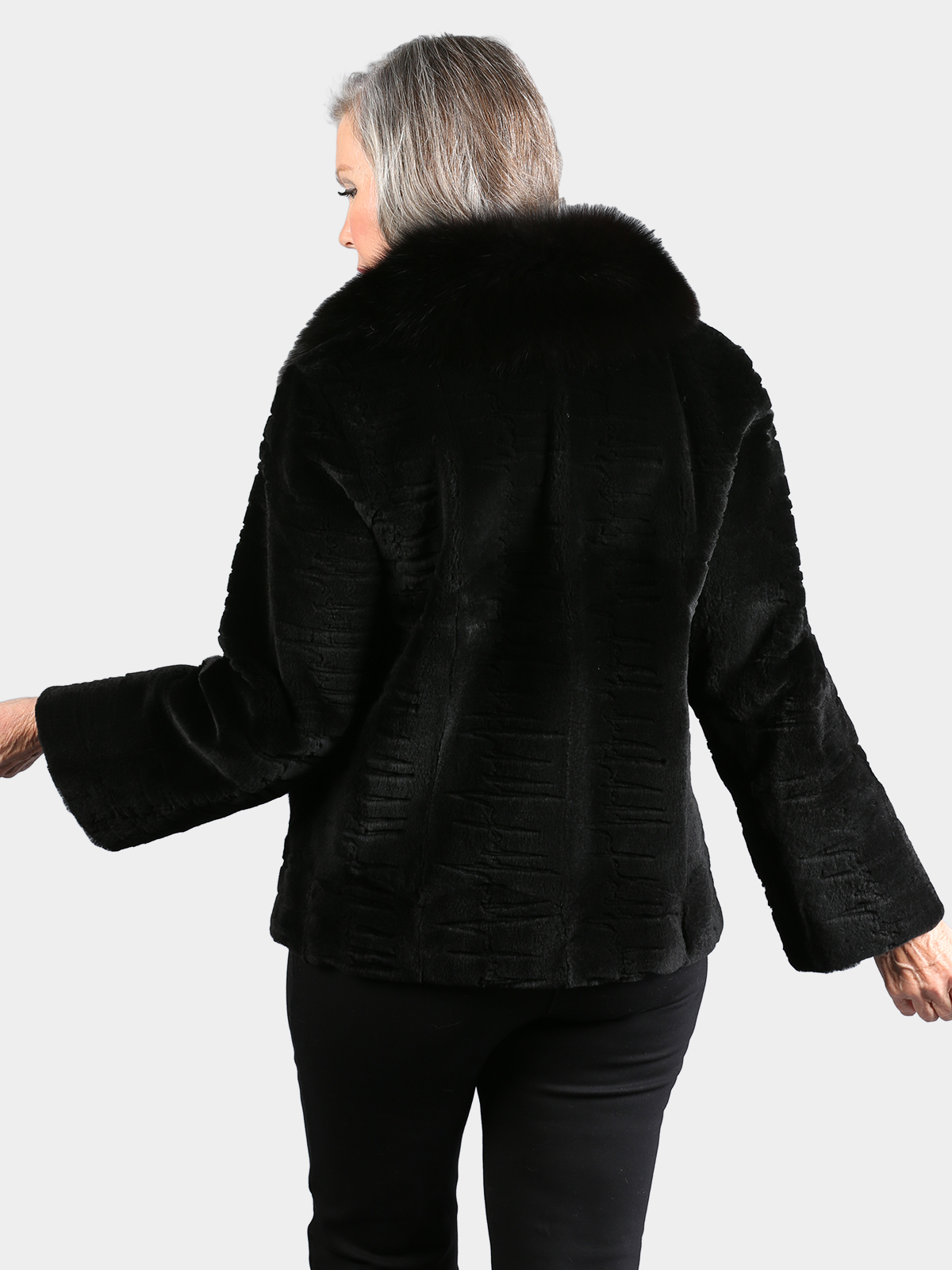 Woman's Dyed Black Sheared Mink Fur Jacket with Laser Grooving