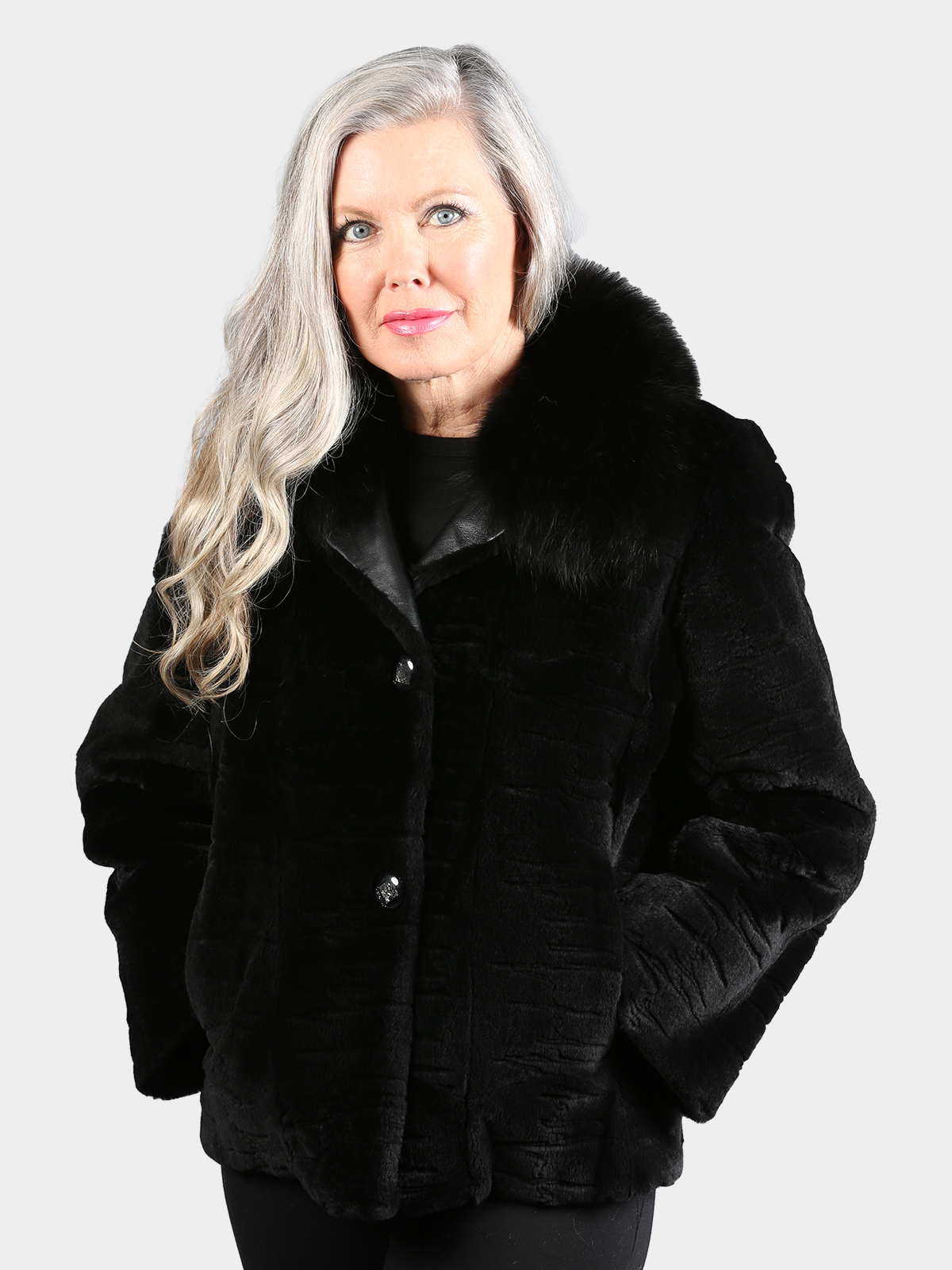 Woman's Dyed Black Sheared Mink Fur Jacket with Laser Grooving