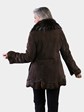 Woman's Dyed Brown Shearling Lamb Fur Jacket with Finn Raccoon Trim