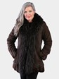 Woman's Dyed Brown Shearling Lamb Fur Jacket with Finn Raccoon Trim