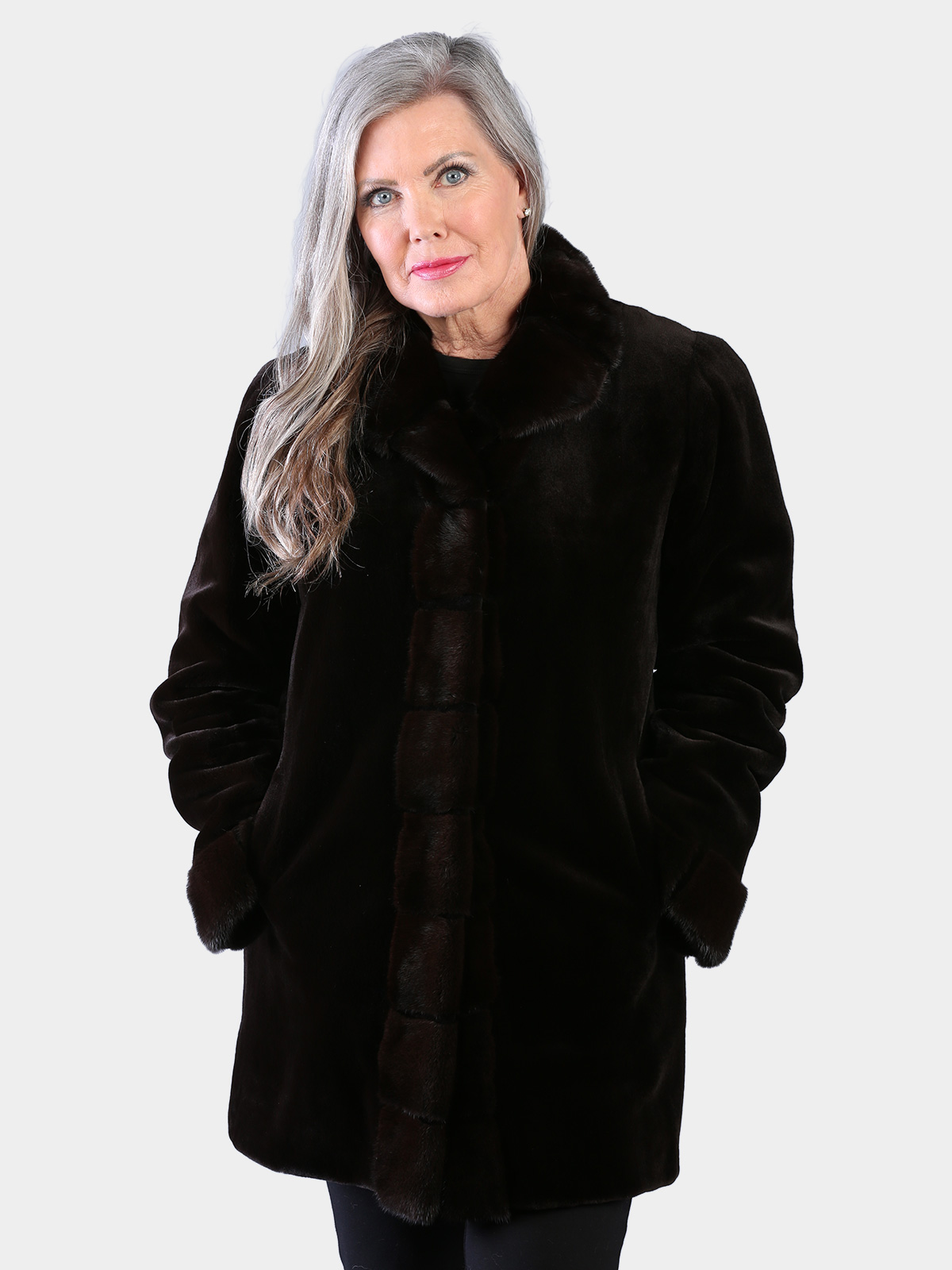 Woman's Dyed Dark Brown Sheared Mink Fur Stroller Reversing to Rain Taffeta