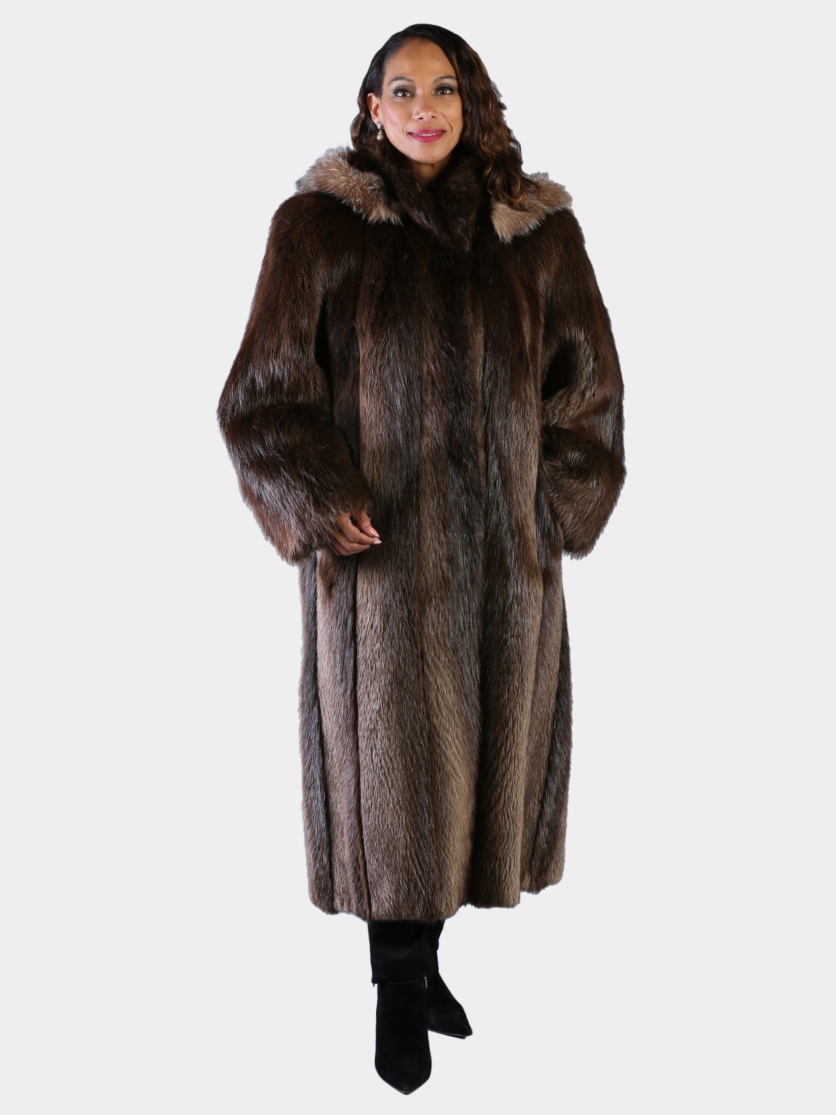 Woman's Natural Medium Tone Long Hair Beaver Fur Coat with Detachable Hood