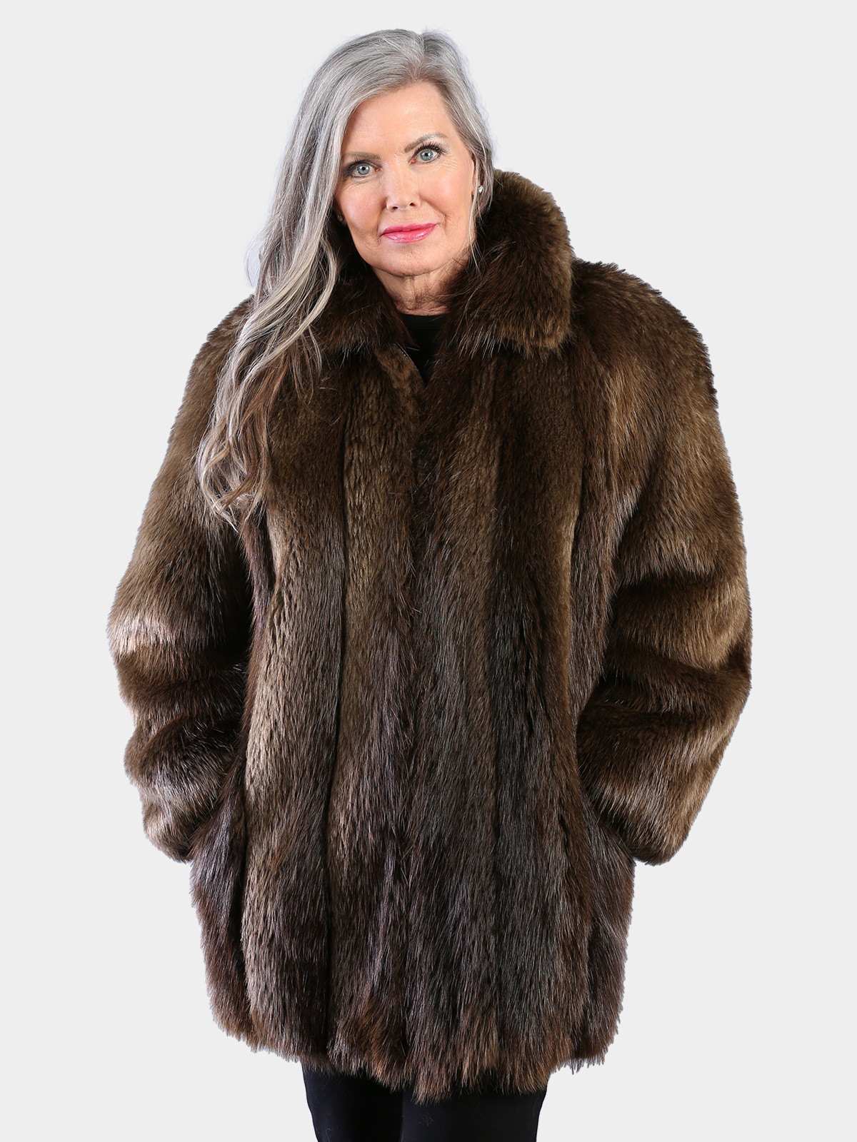Woman's Natural Medium Tone Long Hair Beaver Jacket Reversing to Brown Leather