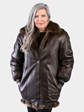 Woman's Natural Medium Tone Long Hair Beaver Jacket Reversing to Brown Leather