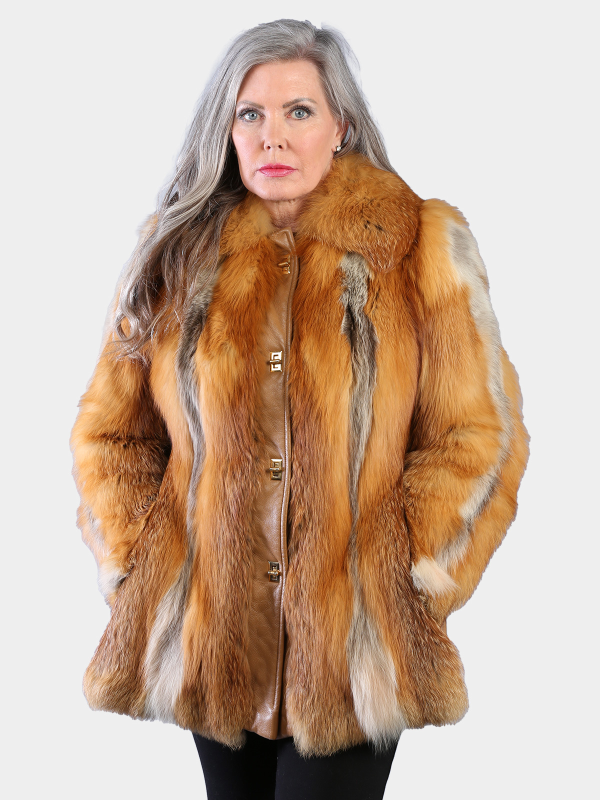 Woman's Natural Red Fox Fur Jacket with Leather Trim