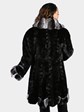 Woman's Dyed Black Semi Sheared Sculptured Mink Fur 7/8 Coat with Chinchilla Trim