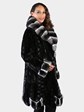 Woman's Dyed Black Semi Sheared Sculptured Mink Fur 7/8 Coat with Chinchilla Trim